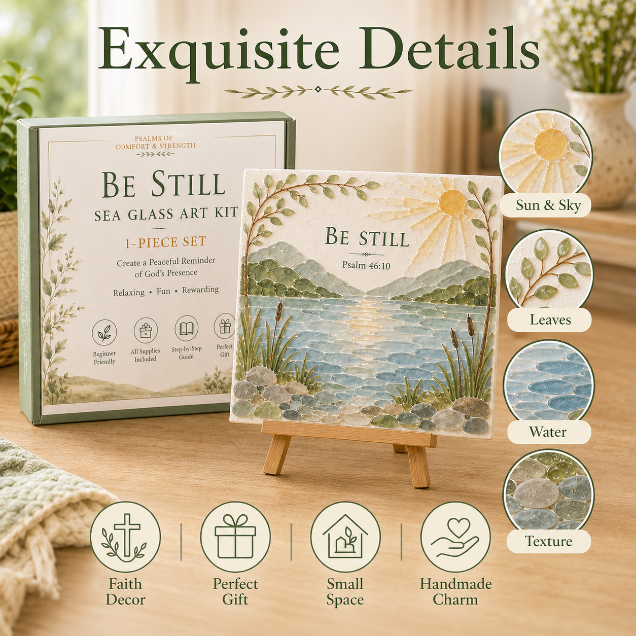 ✝️ Psalms of Comfort & Strength Sea Glass Art Kit & Finished Size: Approx. 6.3 × 6.3 in