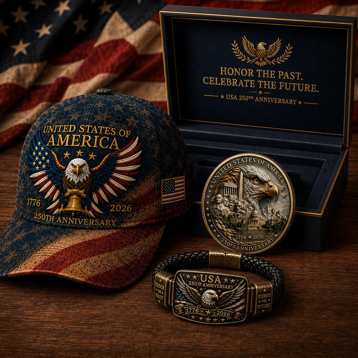 🔥Today Only: FREE Collector Coin🔥| USA 250th Anniversary Patriotic Eagle 3-Piece Gift Set – Embroidered Cap, Coin & Bracelet