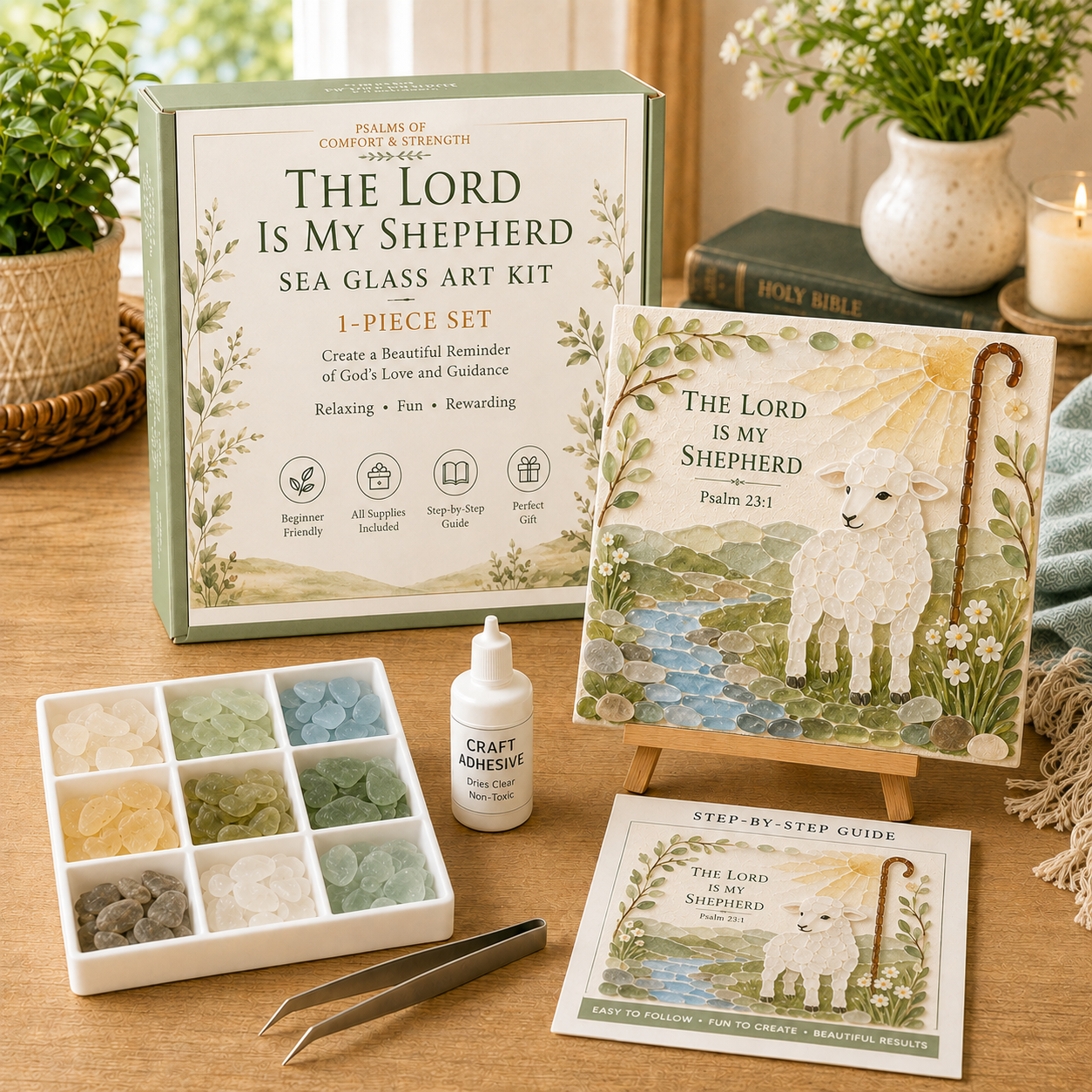 ✝️ Psalms of Comfort &amp; Strength Sea Glass Art Kit & Finished Size: Approx. 6.3 × 6.3 in