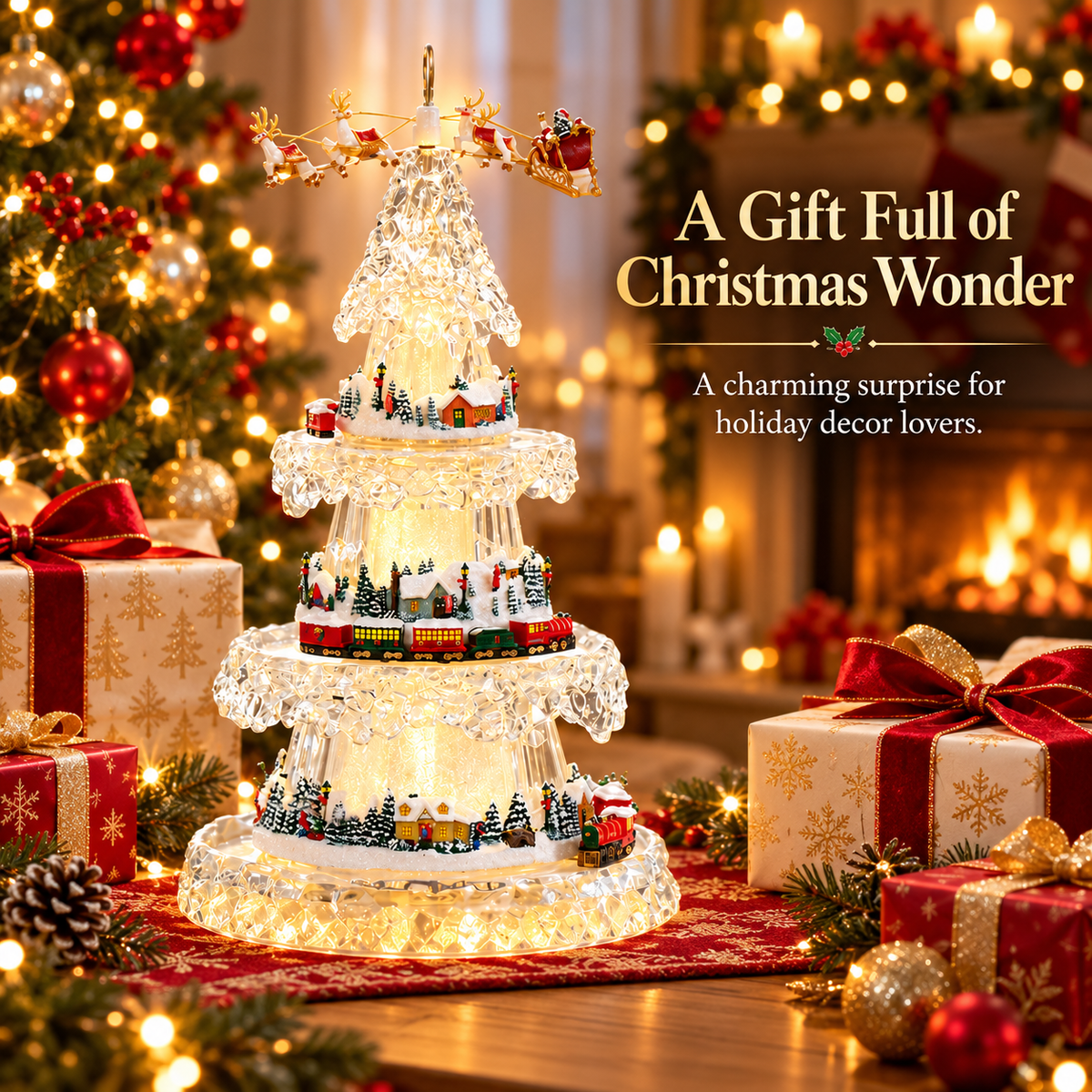 🎄 Musical Christmas Tree with Animated Train – Light-Up Acrylic Holiday Village Tabletop Decoration