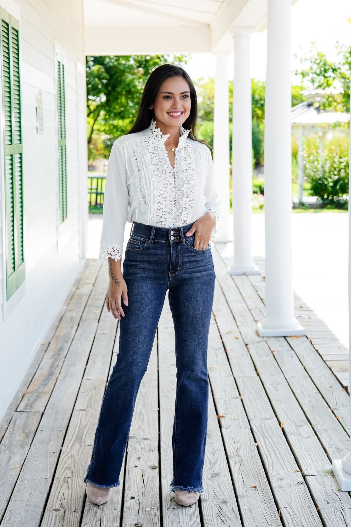 Vintage Double Button Frayed Hem Bootcut Jeans (Buy 2 Free Shipping)