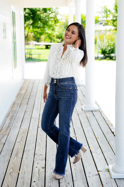 Vintage Double Button Frayed Hem Bootcut Jeans (Buy 2 Free Shipping)