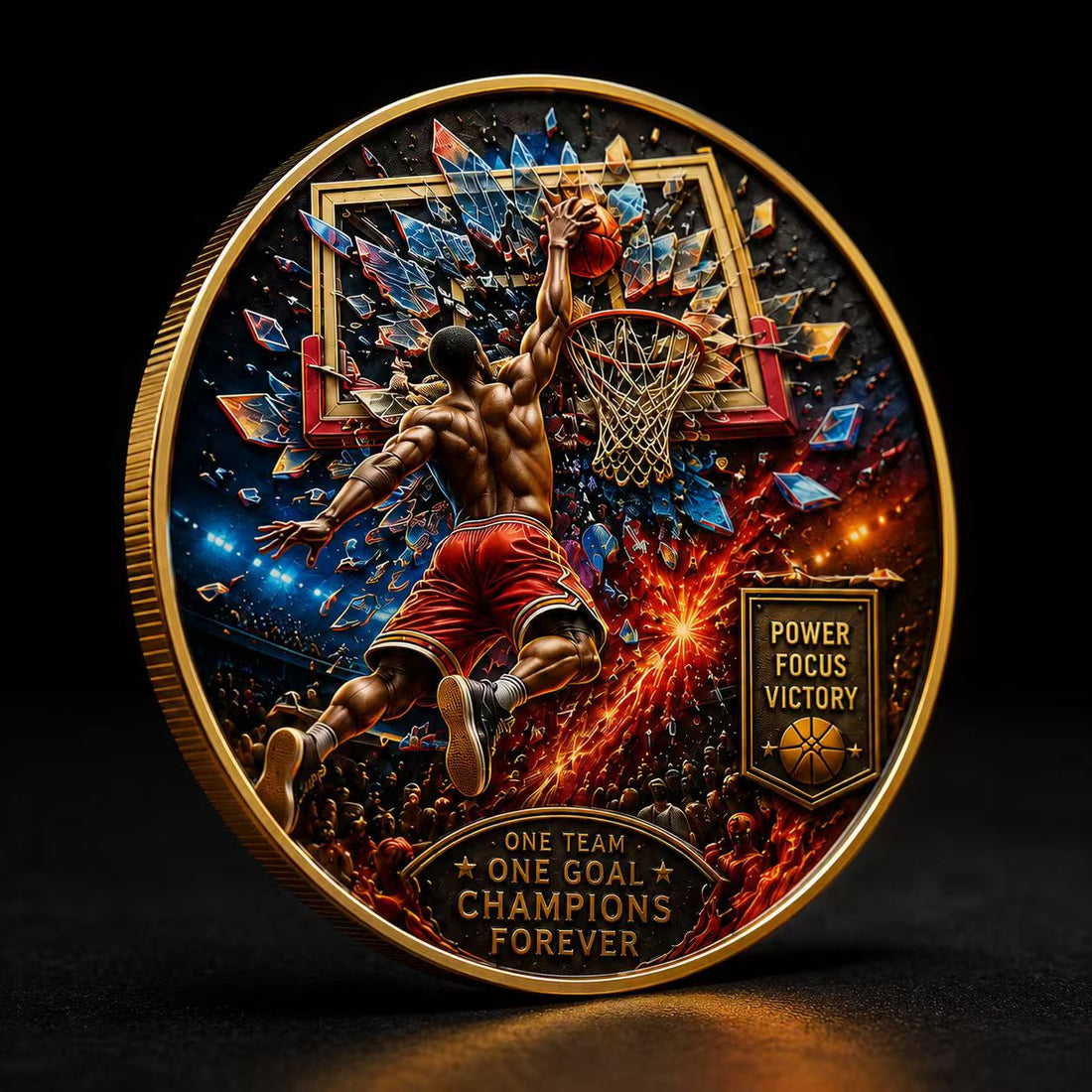 Shattered backboard basketball coin design