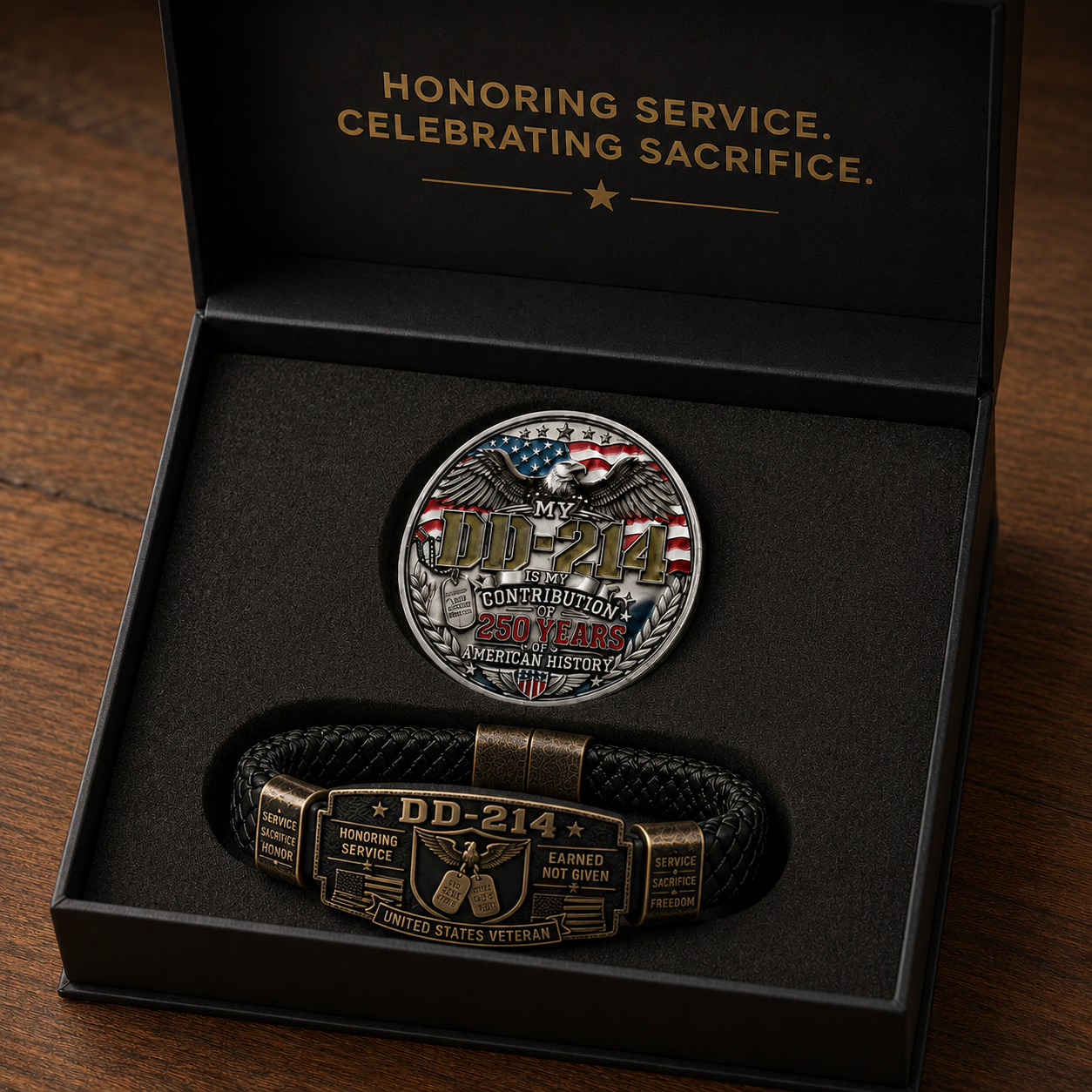 🔥Today Limited Edition🔥| DD-214 Veteran Honor 3-Piece Gift Set – Embroidered Cap, Coin & Bracelet