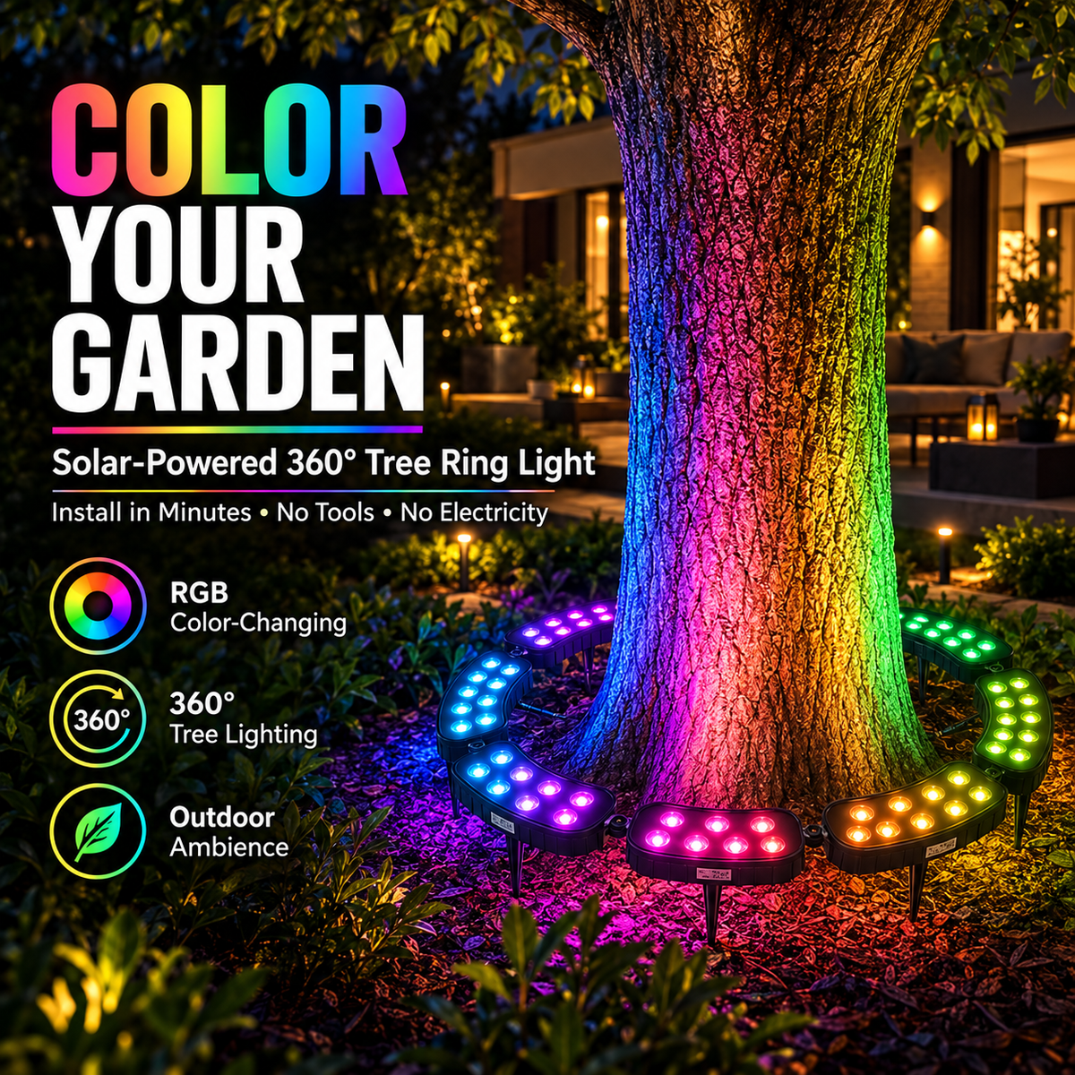 🌈 Solar RGB Tree Ring Light – 360° Color-Changing Landscape Uplight