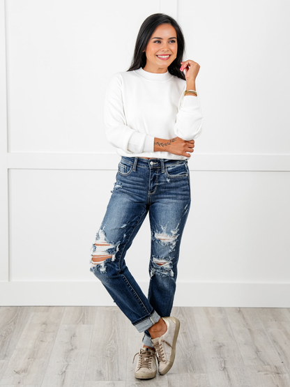 Tummy Control Distressed Cuffed Boyfriend Jeans (Buy 2 Free Shipping)
