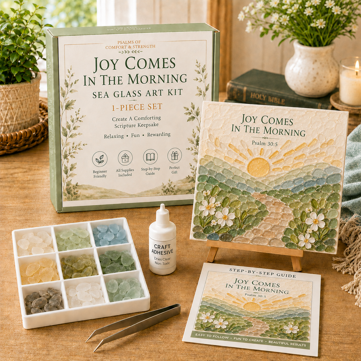 ✝️ Psalms of Comfort &amp; Strength Sea Glass Art Kit & Finished Size: Approx. 6.3 × 6.3 in