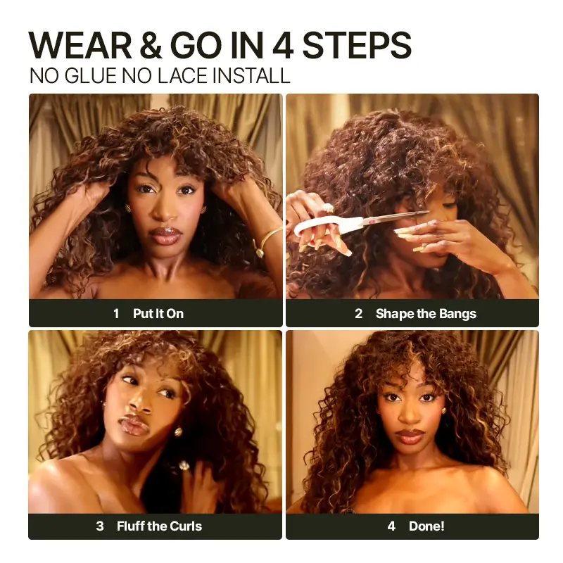 Synthetic Fiber + Human HairBoho Curly Wig with Bangs Effortless ShaggyWaves I Ready To Wear#SohoChic