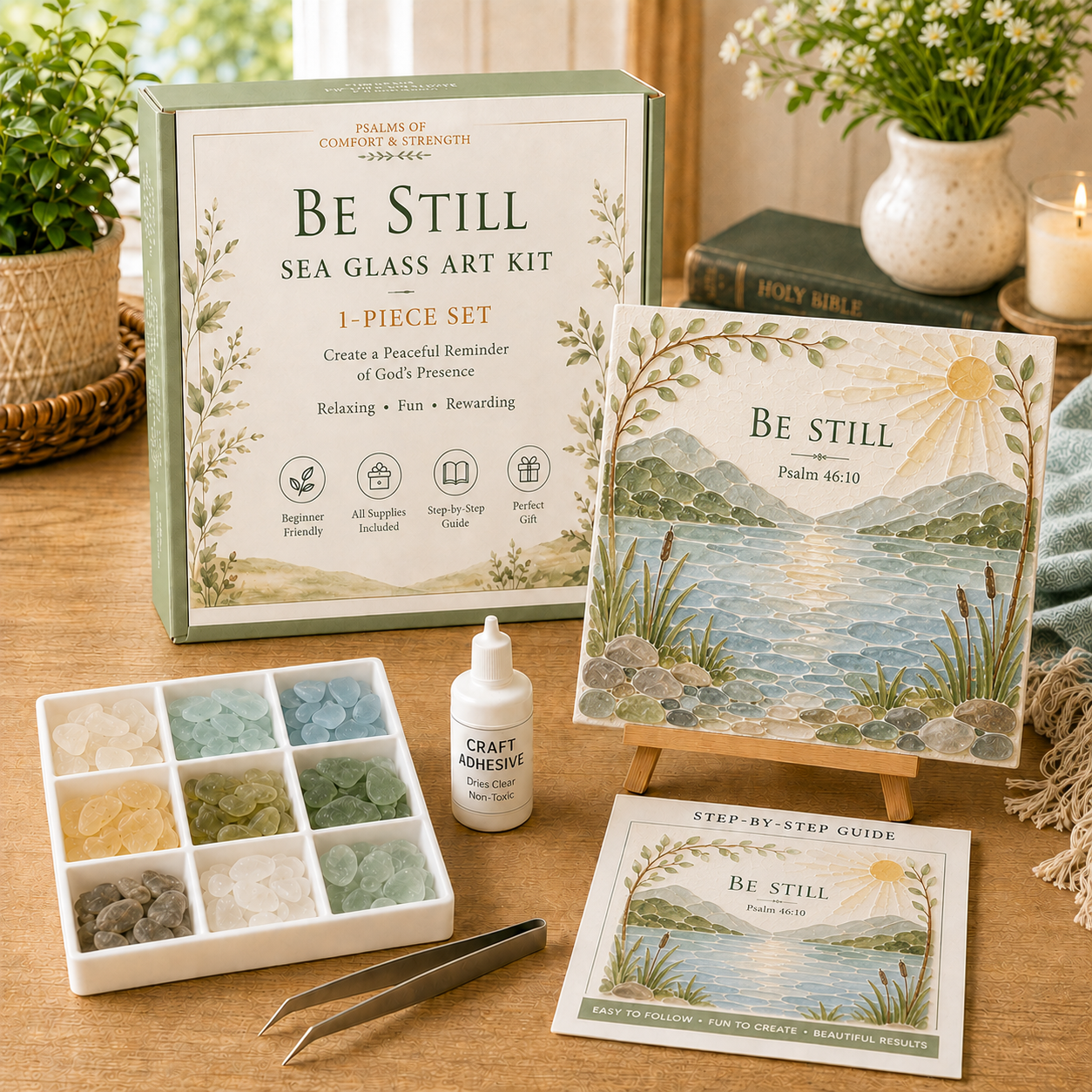 ✝️ Psalms of Comfort &amp; Strength Sea Glass Art Kit & Finished Size: Approx. 6.3 × 6.3 in