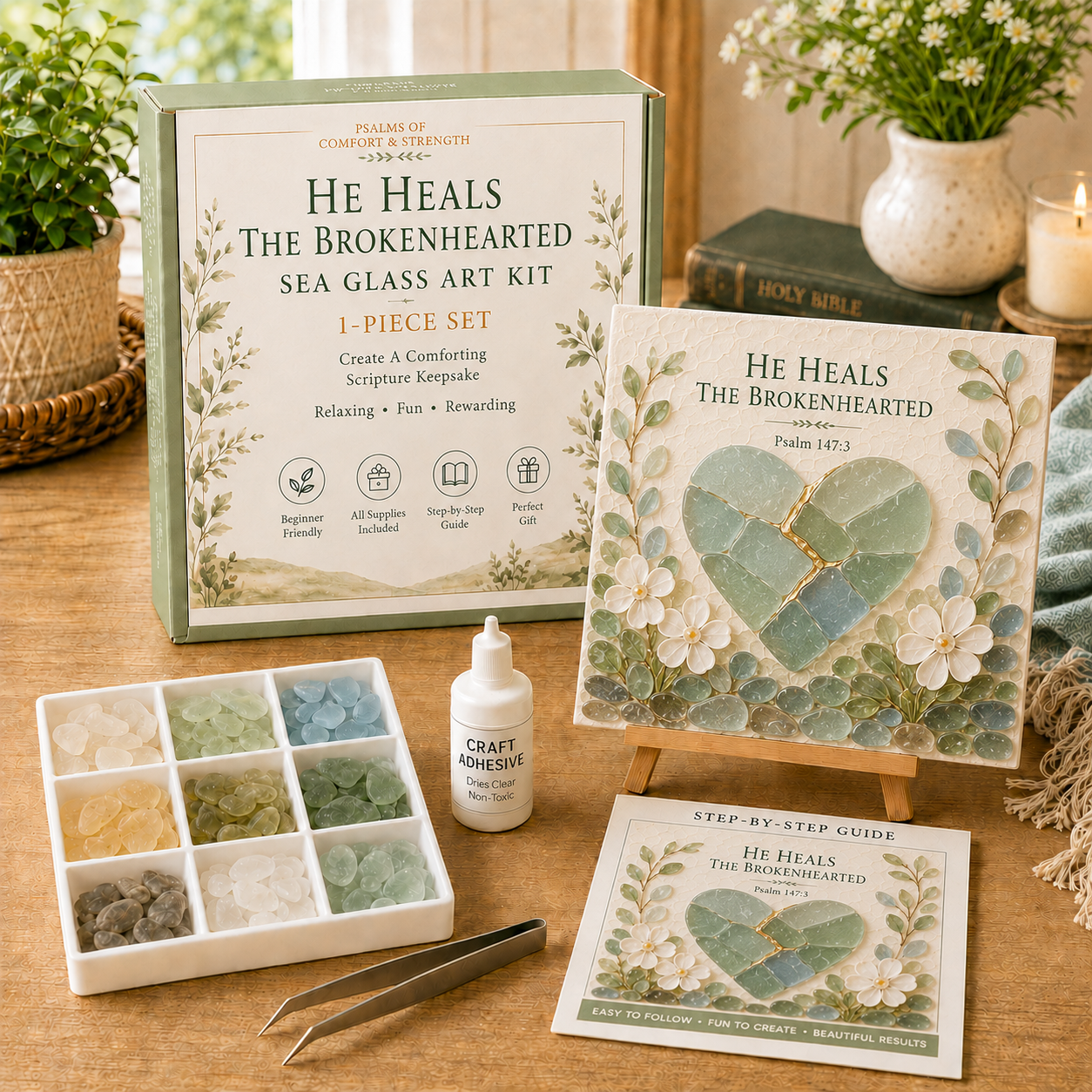 ✝️ Psalms of Comfort &amp; Strength Sea Glass Art Kit & Finished Size: Approx. 6.3 × 6.3 in