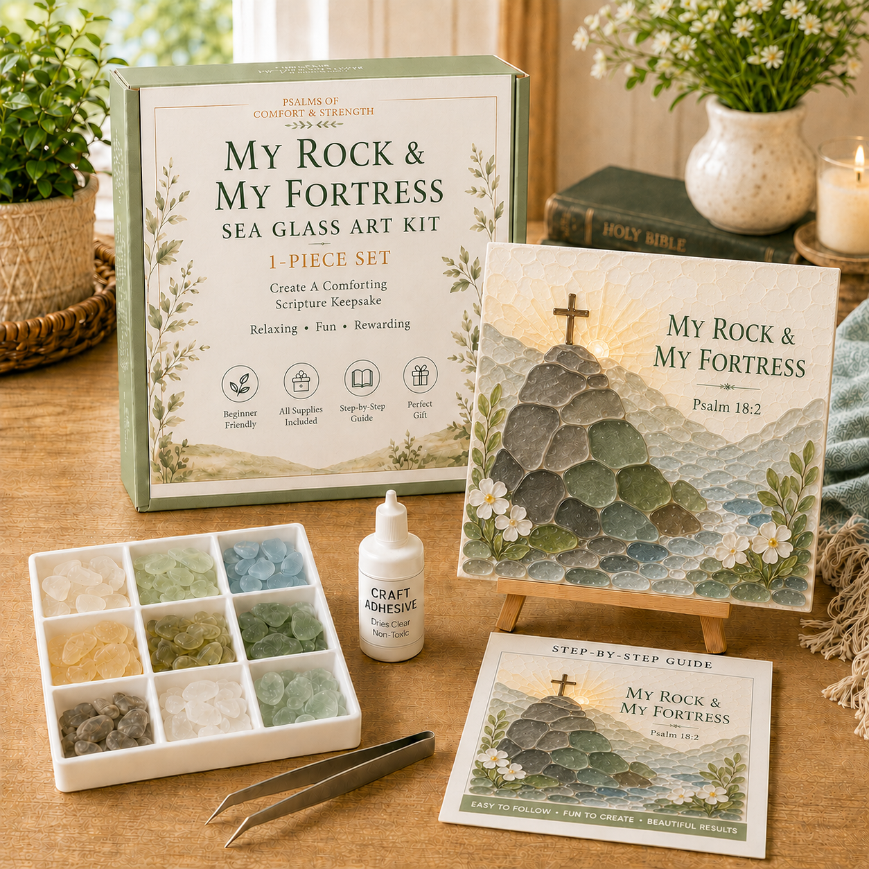 ✝️ Psalms of Comfort &amp; Strength Sea Glass Art Kit & Finished Size: Approx. 6.3 × 6.3 in