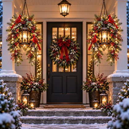 🎄 Christmas Porch Glow™ – Pre-lit Holiday Lantern & Evergreen Decor | 3 Festive Styles