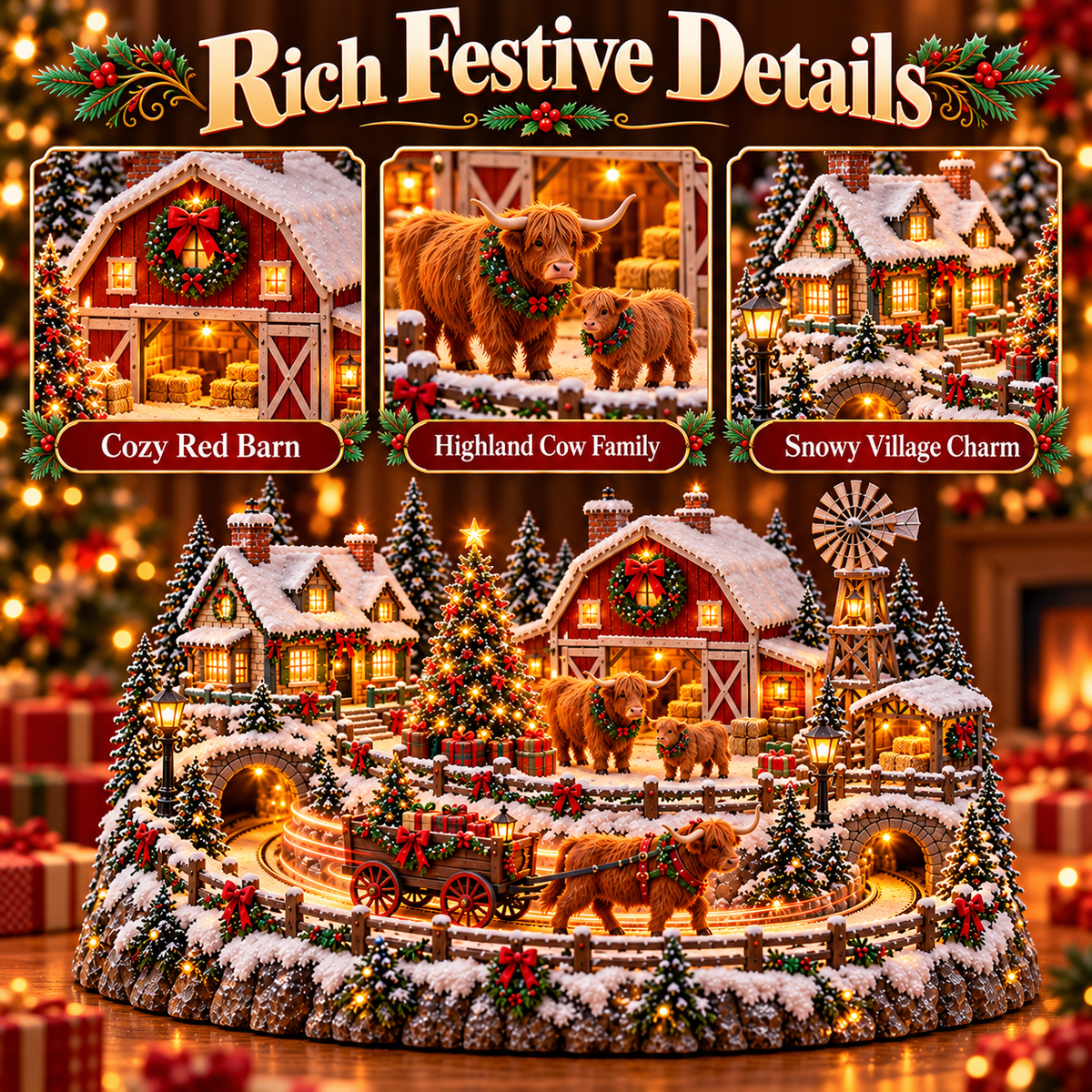 🐮 Highland Cow Christmas Farm Village – Lighted Farmhouse Holiday Scene