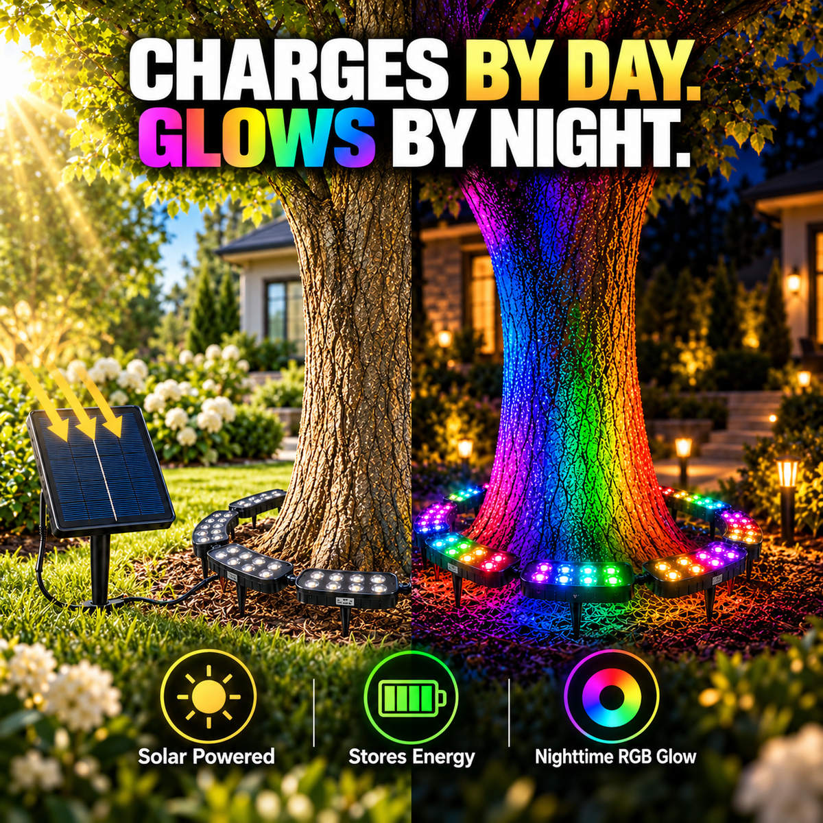 🌈 Solar RGB Tree Ring Light – 360° Color-Changing Landscape Uplight