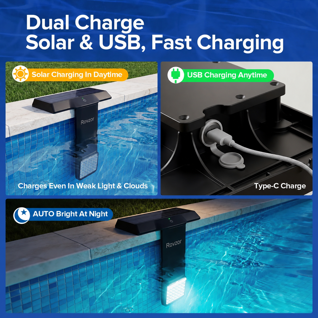 Rovzor Solar Pool Light – 20 RGB Colors, IP68 Waterproof, Magnetic Mount