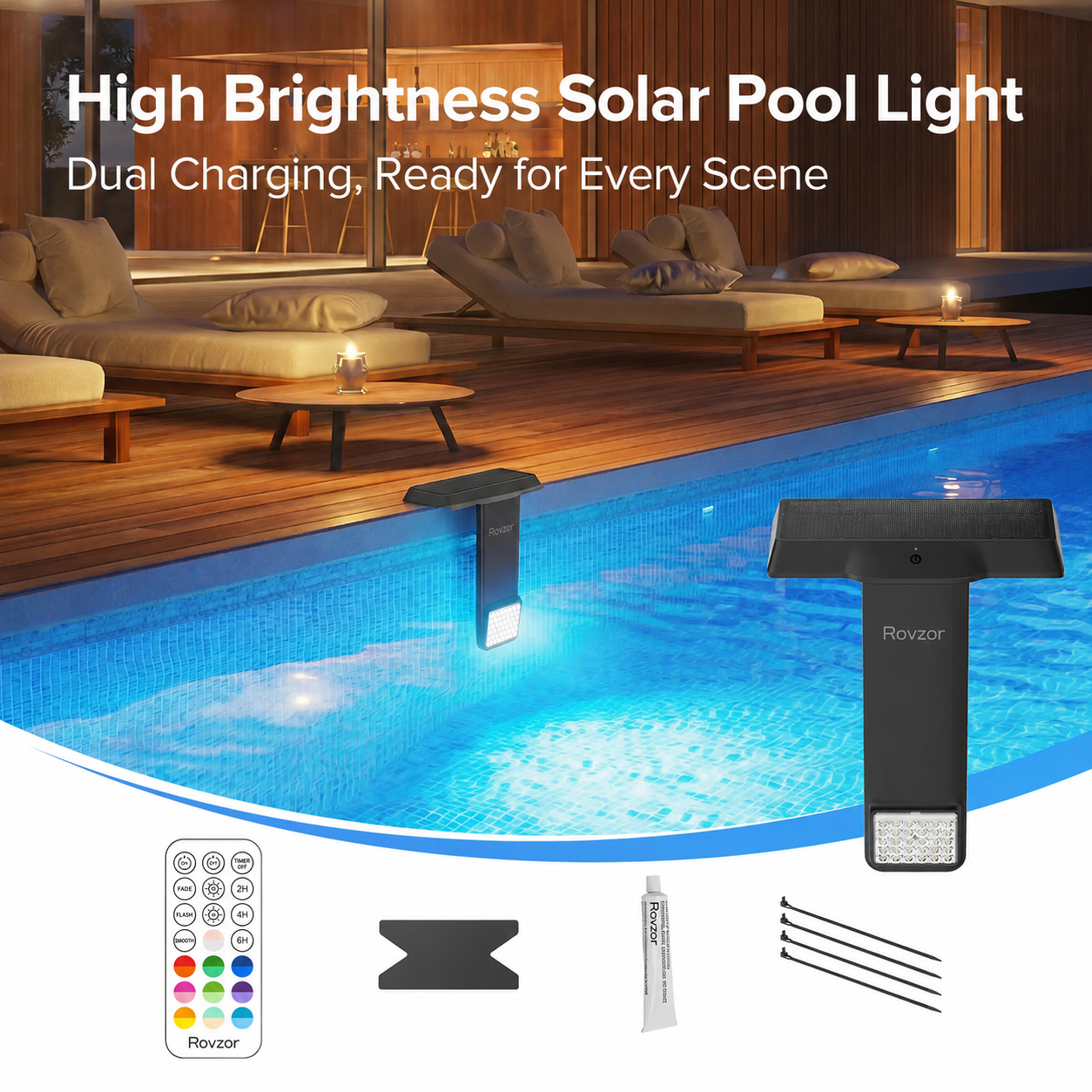 Rovzor Solar Pool Light – 20 RGB Colors, IP68 Waterproof, Magnetic Mount