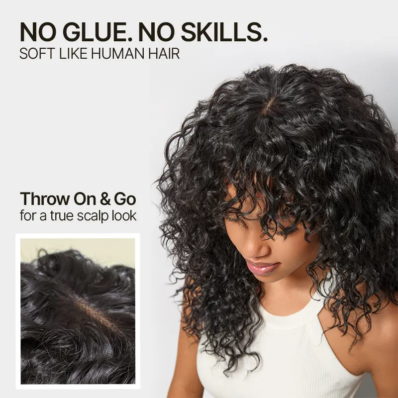 Synthetic Fiber + Human HairBoho Curly Wig with Bangs Effortless ShaggyWaves I Ready To Wear#SohoChic