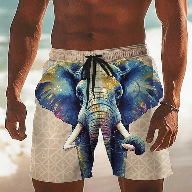 Men's Animal Elephant Optical Illusion Swim Trunks Swim Shorts Board Shorts Mid Waist Funny Hawaiian Beach Vacation Wear Side Pockets Mesh Lining Elastic Drawstring Waist Designer Clothing Apparel