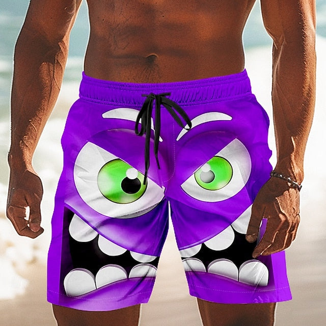 Men's 3D Cartoon Smile Face Big Eyes Swim Trunks Swim Shorts Board Shorts Mid Waist Funny Outdoor Vacation Dailywear Side Pockets Mesh Lining Elastic Drawstring Waist Designer Clothing Apparel