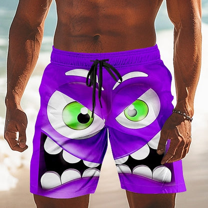 Men's 3D Cartoon Smile Face Big Eyes Swim Trunks Swim Shorts Board Shorts Mid Waist Funny Outdoor Vacation Dailywear Side Pockets Mesh Lining Elastic Drawstring Waist Designer Clothing Apparel