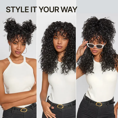 Synthetic Fiber + Human HairBoho Curly Wig with Bangs Effortless ShaggyWaves I Ready To Wear#SohoChic