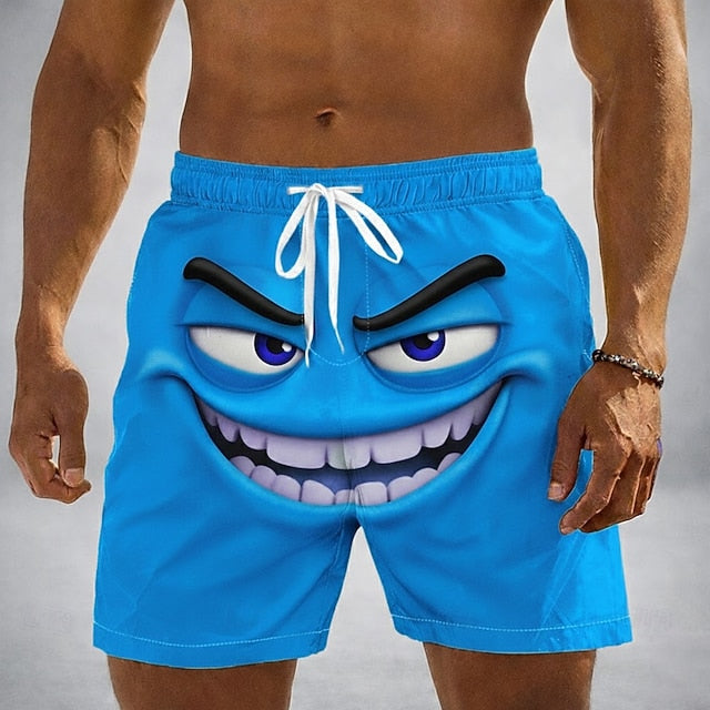 Men's Optical Illusion 3D Cartoon Smile Face Swim Trunks Swim Shorts Board Shorts Mid Waist Funny Hawaiian Beach Vacation Wear Side Pockets Mesh Lining Elastic Drawstring Waist Designer Clothing