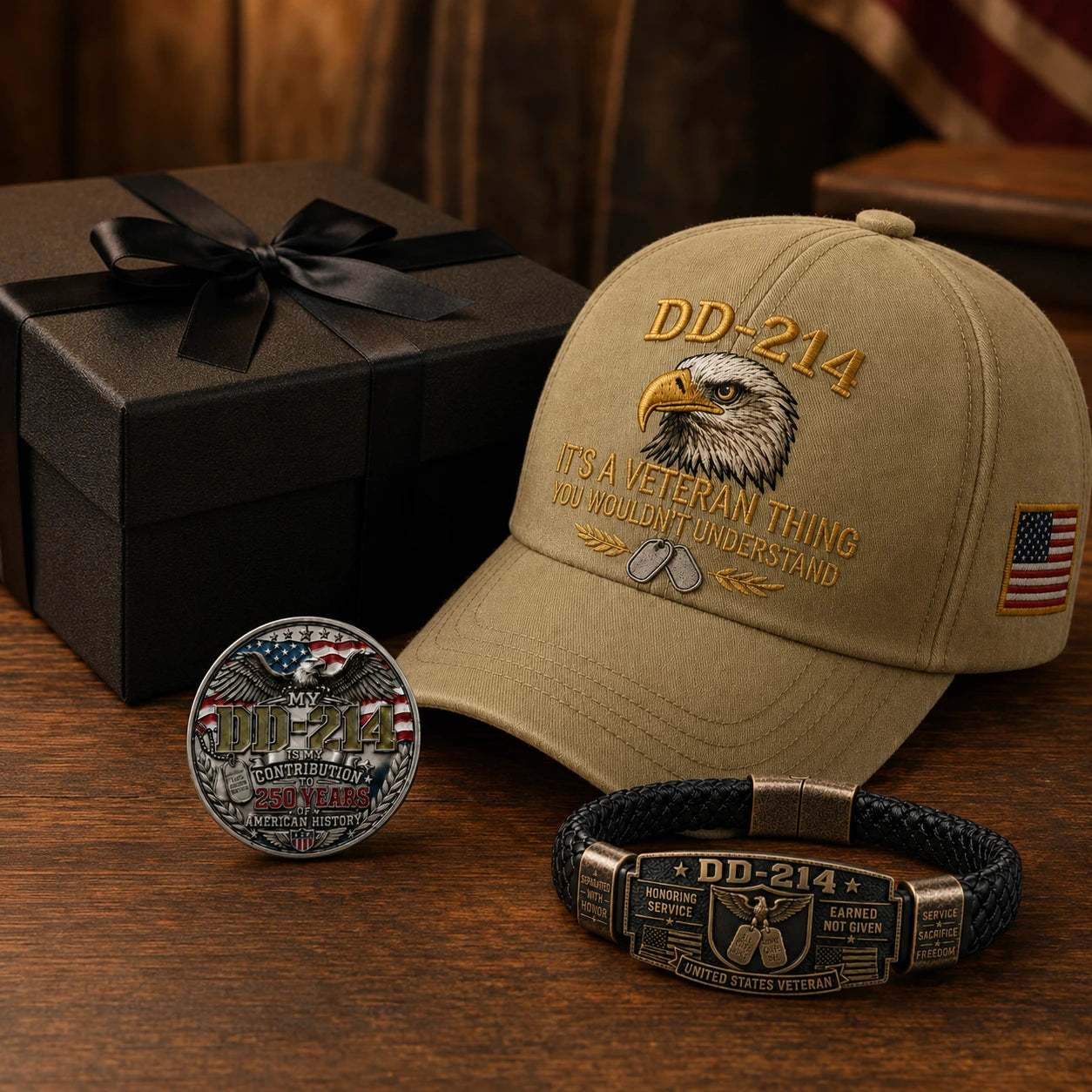 🔥Today Limited Edition🔥| DD-214 Veteran Honor 3-Piece Gift Set – Embroidered Cap, Coin & Bracelet
