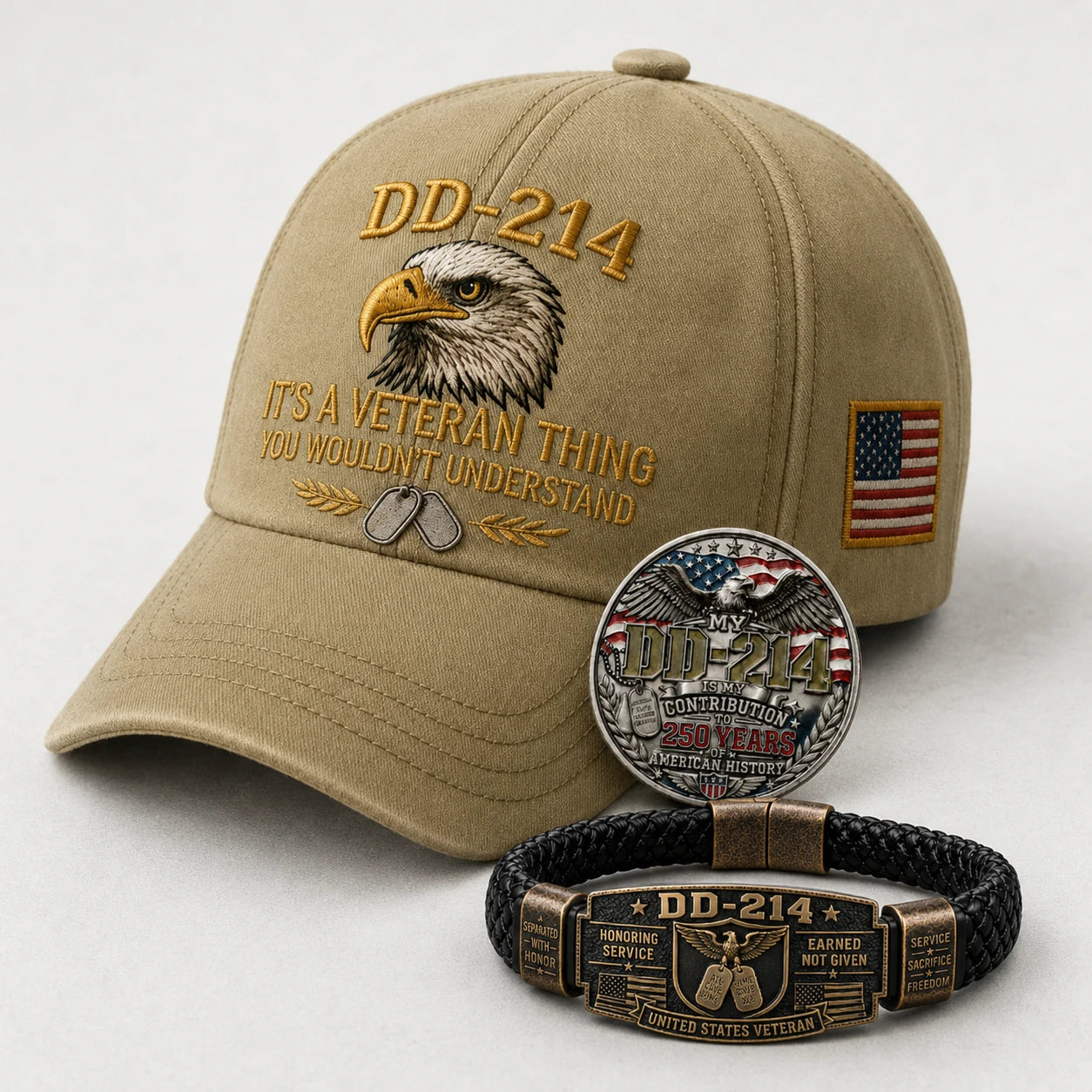 🔥Today Limited Edition🔥| DD-214 Veteran Honor 3-Piece Gift Set – Embroidered Cap, Coin & Bracelet