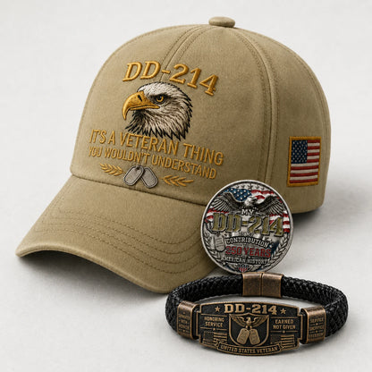 🔥Today Limited Edition🔥| DD-214 Veteran Honor 3-Piece Gift Set – Embroidered Cap, Coin & Bracelet