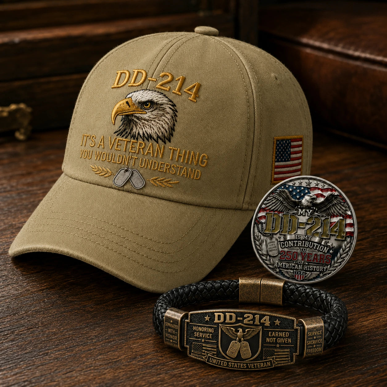 🔥Today Limited Edition🔥| DD-214 Veteran Honor 3-Piece Gift Set – Embroidered Cap, Coin & Bracelet