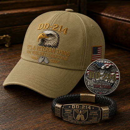 🔥Today Limited Edition🔥| DD-214 Veteran Honor 3-Piece Gift Set – Embroidered Cap, Coin & Bracelet