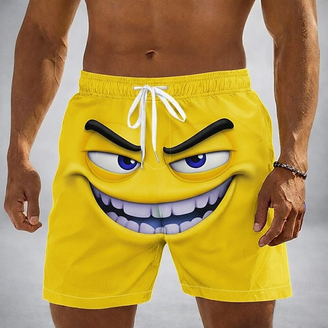 Men's Optical Illusion 3D Cartoon Smile Face Swim Trunks Swim Shorts Board Shorts Mid Waist Funny Hawaiian Beach Vacation Wear Side Pockets Mesh Lining Elastic Drawstring Waist Designer Clothing