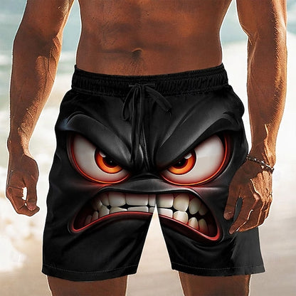 Men's Optical Illusion 3D Cartoon Angry Face Swim Trunks Swim Shorts Board Shorts Mid Waist Hawaiian Funny Beach Vacation Wear Side Pockets Mesh Lining Elastic Drawstring Waist Designer Clothing