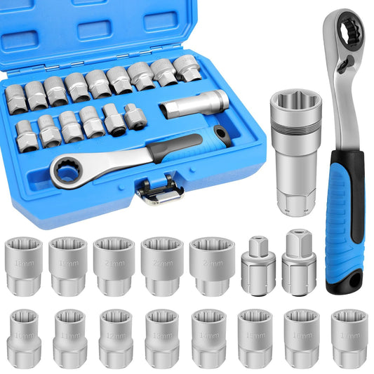⏰️Flash Sale 50% OFF💥 17-Piece Pass Through Socket Set,Hollow Ratchet Socket Kit for Automotive Repair & Machine Maintenance
