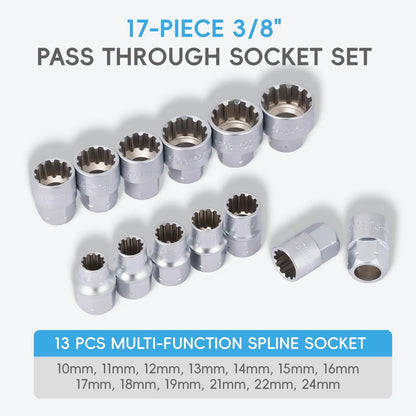⏰️Flash Sale 50% OFF💥 17-Piece Pass Through Socket Set,Hollow Ratchet Socket Kit for Automotive Repair & Machine Maintenance