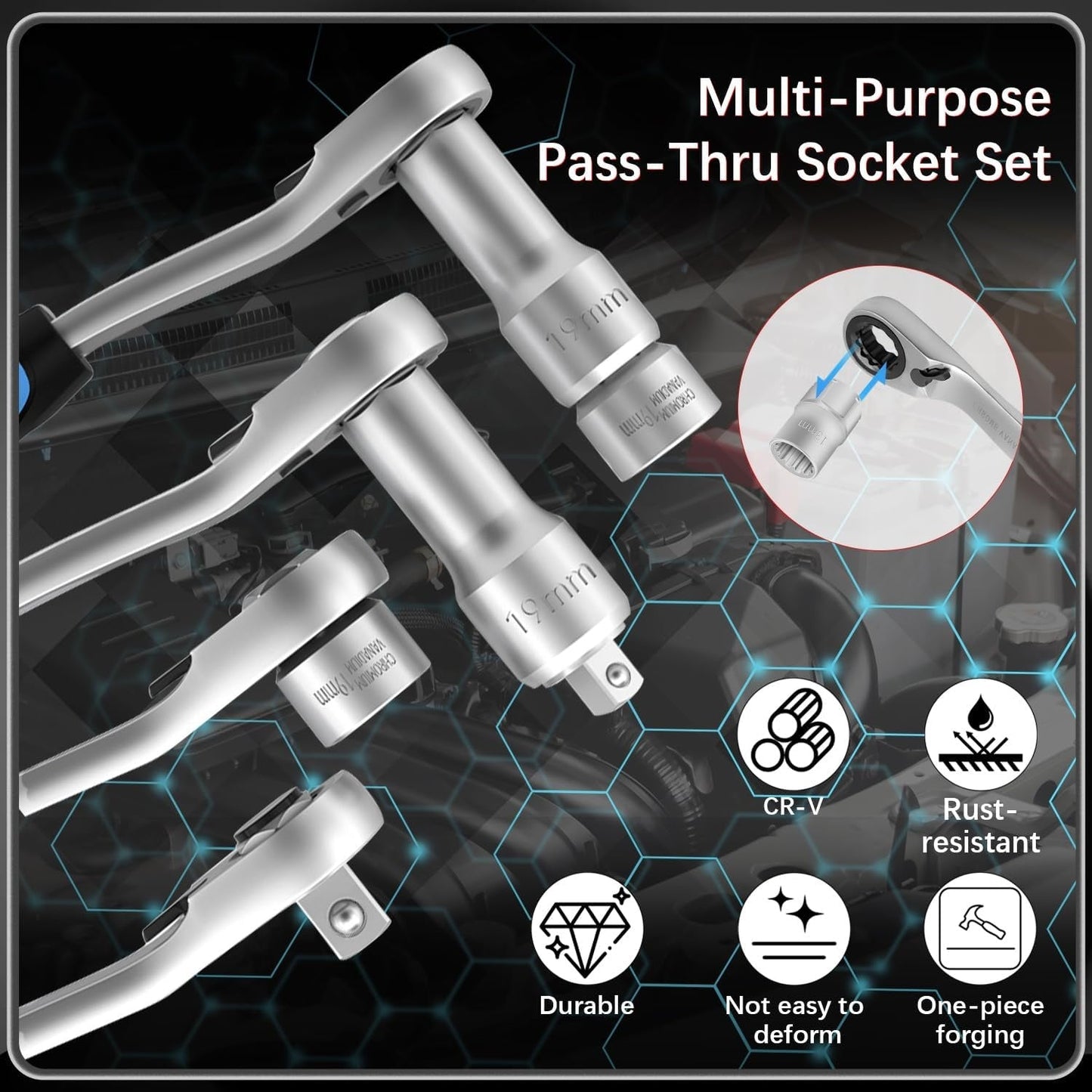⏰️Flash Sale 50% OFF💥 17-Piece Pass Through Socket Set,Hollow Ratchet Socket Kit for Automotive Repair & Machine Maintenance