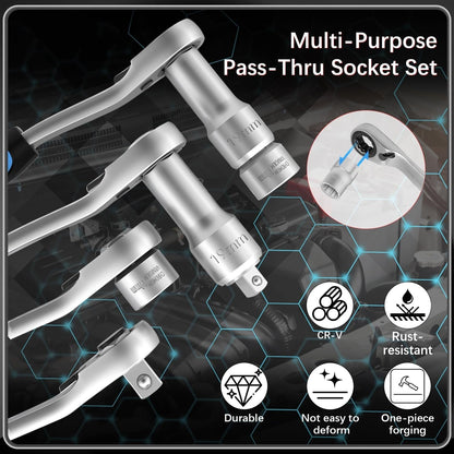 ⏰️Flash Sale 50% OFF💥 17-Piece Pass Through Socket Set,Hollow Ratchet Socket Kit for Automotive Repair & Machine Maintenance