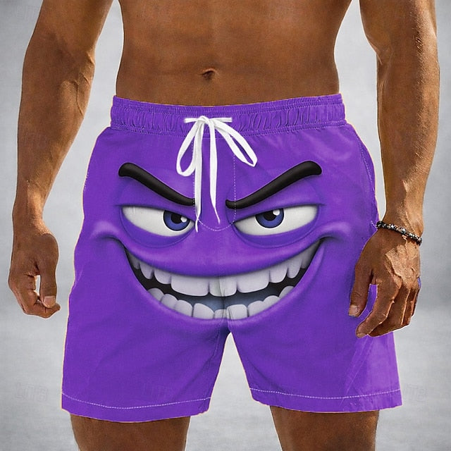 Men's Optical Illusion 3D Cartoon Smile Face Swim Trunks Swim Shorts Board Shorts Mid Waist Funny Hawaiian Beach Vacation Wear Side Pockets Mesh Lining Elastic Drawstring Waist Designer Clothing