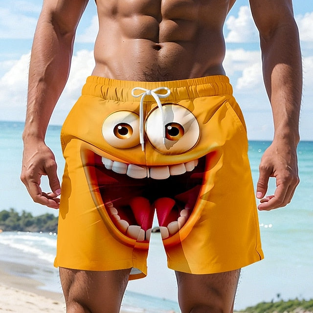 Men's Optical Illusion 3D Cartoon Smile Face Swim Trunks Swim Shorts Board Shorts Mid Waist Hawaiian Funny Beach Vacation Wear Side Pockets Mesh Lining Elastic Drawstring Waist Designer Clothing