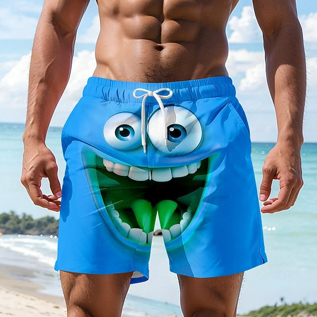 Men's Optical Illusion 3D Cartoon Smile Face Swim Trunks Swim Shorts Board Shorts Mid Waist Hawaiian Funny Beach Vacation Wear Side Pockets Mesh Lining Elastic Drawstring Waist Designer Clothing