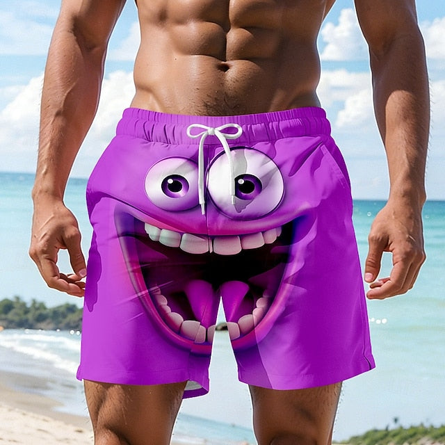 Men's Optical Illusion 3D Cartoon Smile Face Swim Trunks Swim Shorts Board Shorts Mid Waist Hawaiian Funny Beach Vacation Wear Side Pockets Mesh Lining Elastic Drawstring Waist Designer Clothing