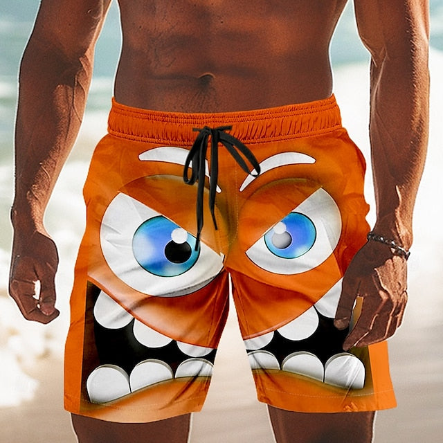Men's 3D Cartoon Smile Face Big Eyes Swim Trunks Swim Shorts Board Shorts Mid Waist Funny Outdoor Vacation Dailywear Side Pockets Mesh Lining Elastic Drawstring Waist Designer Clothing Apparel