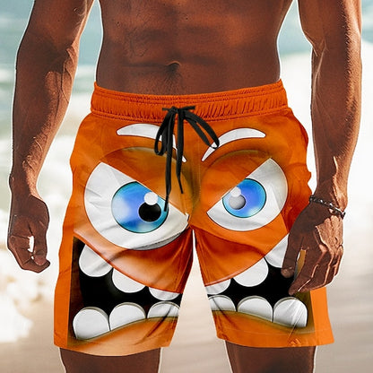 Men's 3D Cartoon Smile Face Big Eyes Swim Trunks Swim Shorts Board Shorts Mid Waist Funny Outdoor Vacation Dailywear Side Pockets Mesh Lining Elastic Drawstring Waist Designer Clothing Apparel