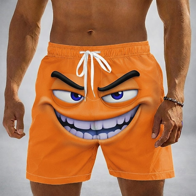 Men's Optical Illusion 3D Cartoon Smile Face Swim Trunks Swim Shorts Board Shorts Mid Waist Funny Hawaiian Beach Vacation Wear Side Pockets Mesh Lining Elastic Drawstring Waist Designer Clothing