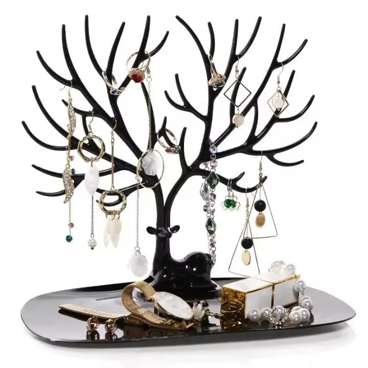 Premium Desktop Jewelry Organizer Stand with Tray – Necklace, Earring & Ring Storage Display Rack