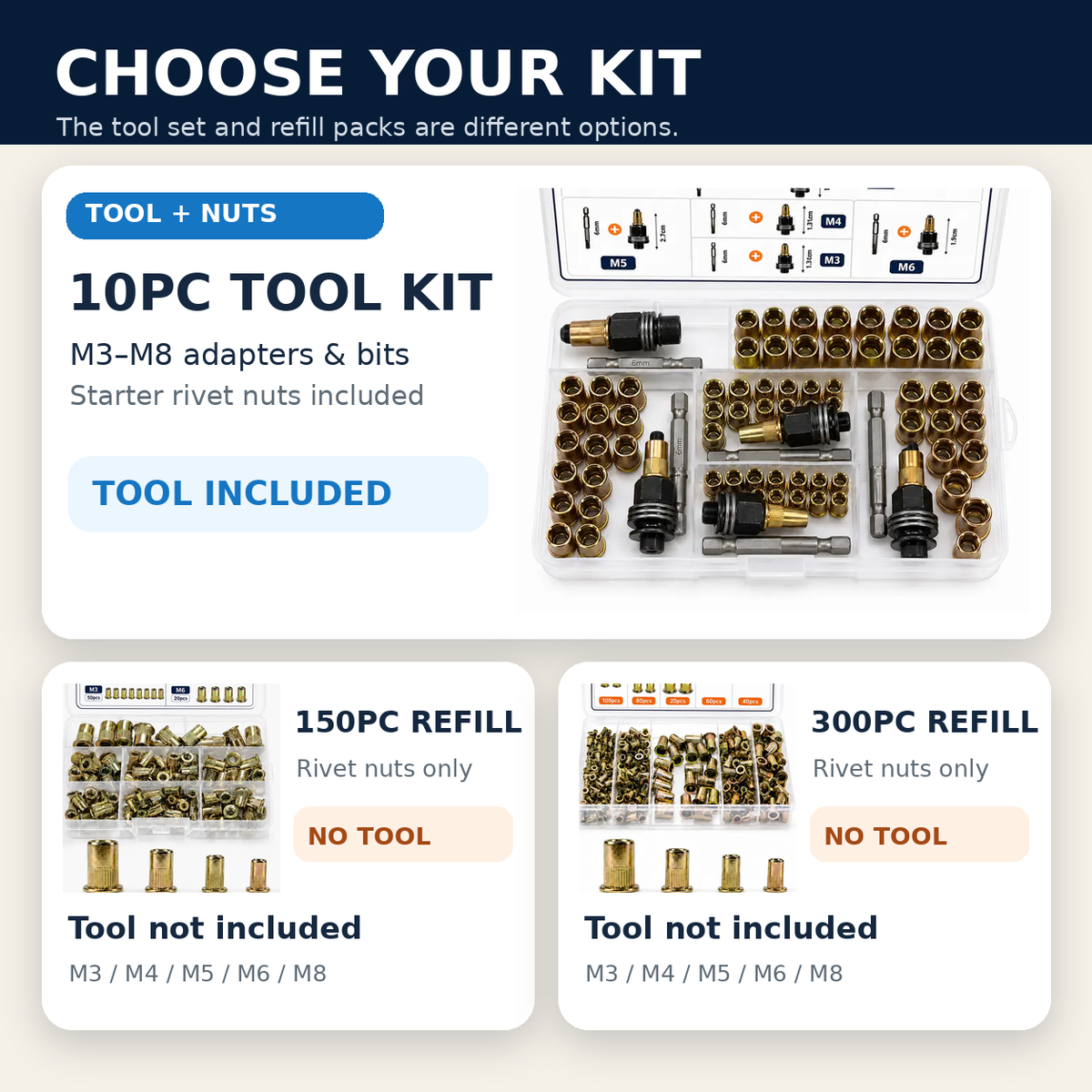 🔩 Rivet Nut Tool Kit & Refill Packs | M3–M8 for Metal Repairs