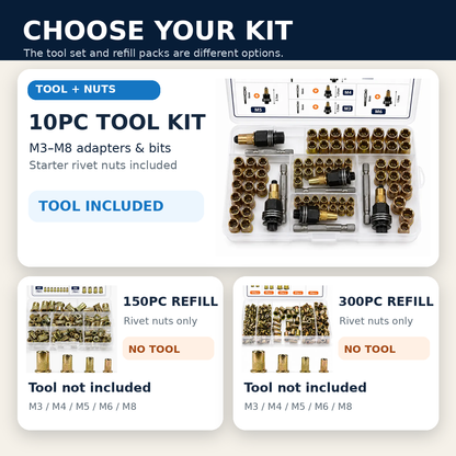 🔩 Rivet Nut Tool Kit & Refill Packs | M3–M8 for Metal Repairs