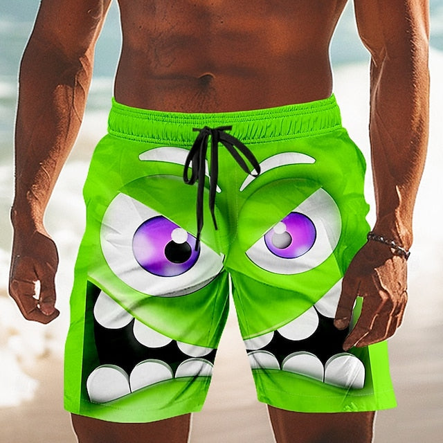 Men's 3D Cartoon Smile Face Big Eyes Swim Trunks Swim Shorts Board Shorts Mid Waist Funny Outdoor Vacation Dailywear Side Pockets Mesh Lining Elastic Drawstring Waist Designer Clothing Apparel