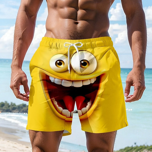 Men's Optical Illusion 3D Cartoon Smile Face Swim Trunks Swim Shorts Board Shorts Mid Waist Hawaiian Funny Beach Vacation Wear Side Pockets Mesh Lining Elastic Drawstring Waist Designer Clothing