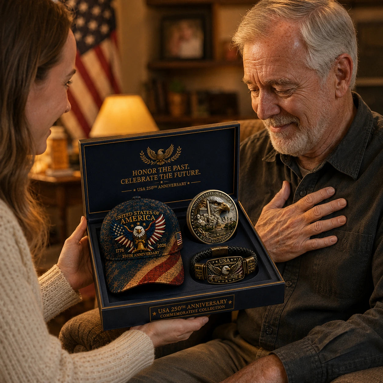 🔥Today Only: FREE Collector Coin🔥| USA 250th Anniversary Patriotic Eagle 3-Piece Gift Set – Embroidered Cap, Coin & Bracelet